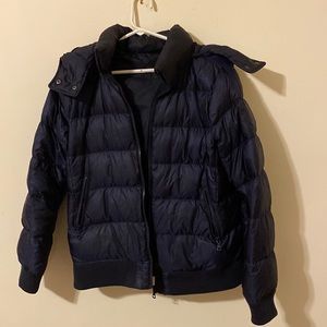 Uniqlo Navy Short Down puffer bomber jacket with navy shearling hood SL